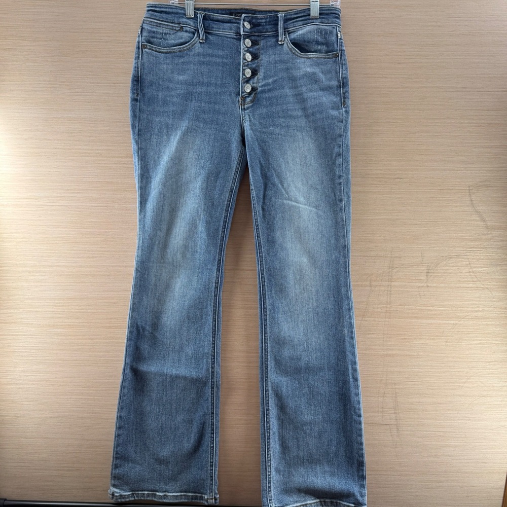 Judy Blue High Waisted Boot Cut Jeans Med Wash Button Fly Distressed Denim Sz 9